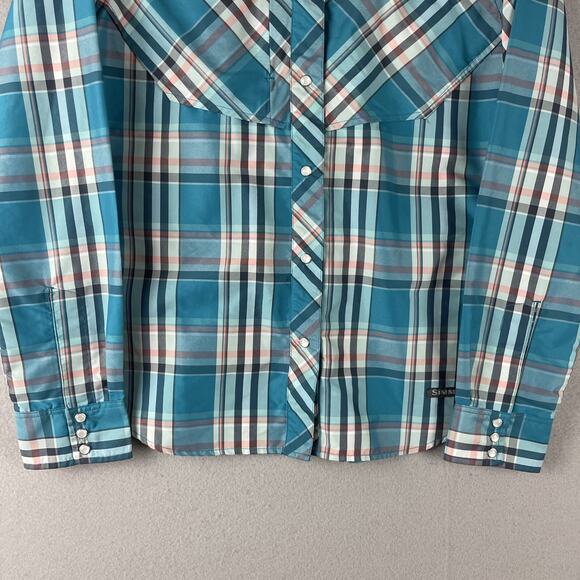 Simms Fishing Shirt Womens Medium Plaid Nylon Pearl Snap Western Outdoors - Picture 3 of 14